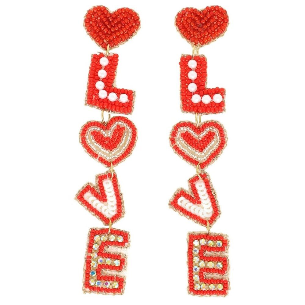 5-Tier Heart Post Love Lettering Crystal Rhinestone Long Valentine Earrings Red